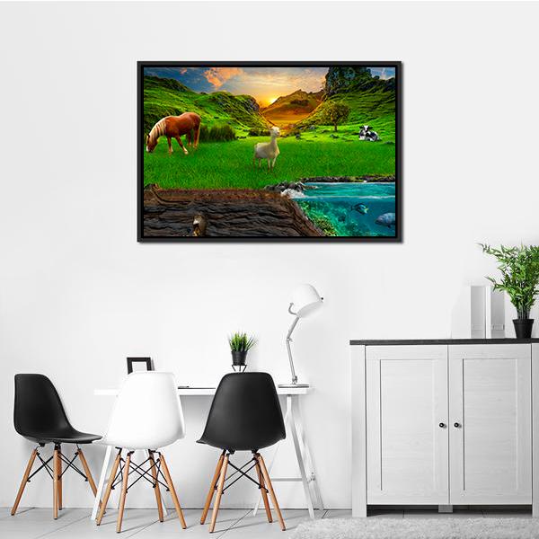Animals In Green Meadow Panoramic Canvas Wall Art-1 Piece-36" x 12"-Tiaracle