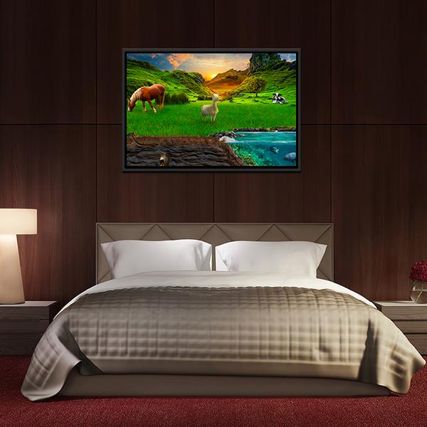Animals In Green Meadow Panoramic Canvas Wall Art-1 Piece-36" x 12"-Tiaracle