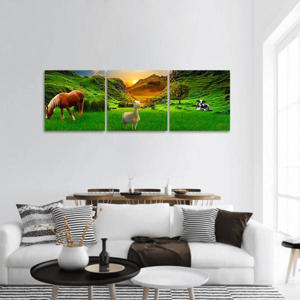 Animals In Green Meadow Panoramic Canvas Wall Art-3 Piece-25" x 08"-Tiaracle