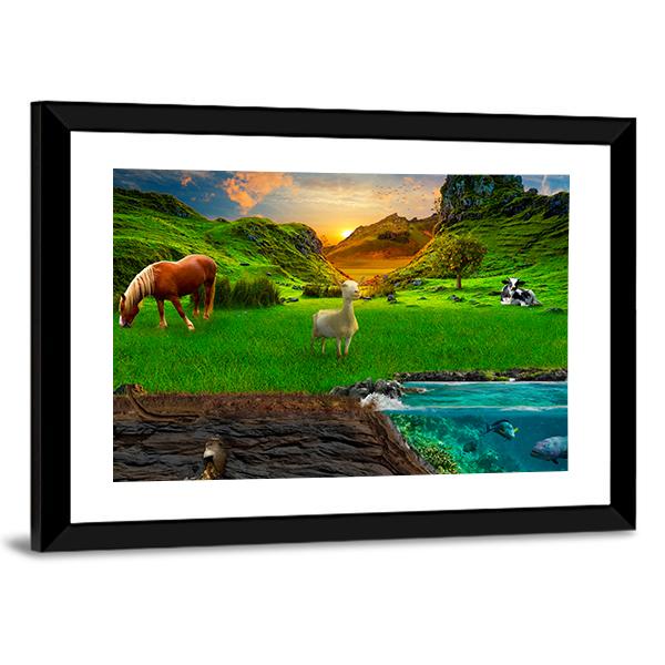 Animals In Green Meadow Panoramic Canvas Wall Art-1 Piece-36" x 12"-Tiaracle