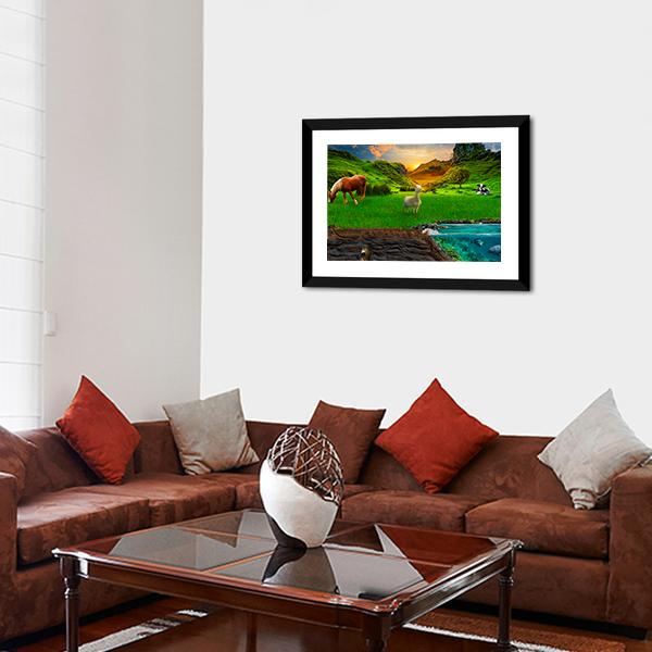 Animals In Green Meadow Panoramic Canvas Wall Art-1 Piece-36" x 12"-Tiaracle