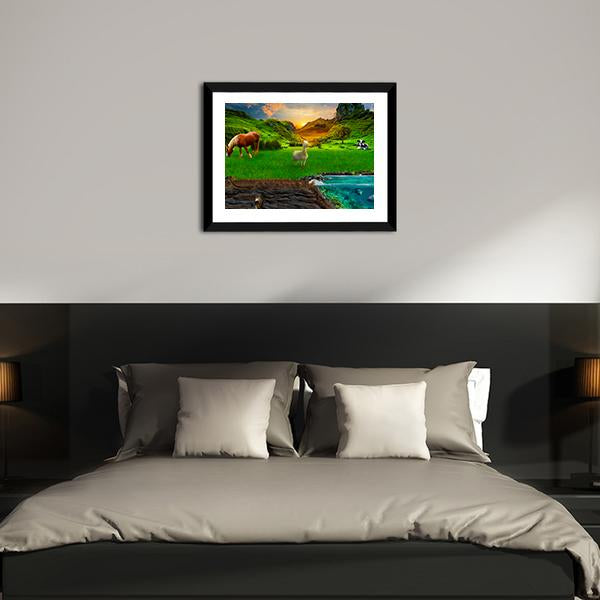 Animals In Green Meadow Panoramic Canvas Wall Art-1 Piece-36" x 12"-Tiaracle