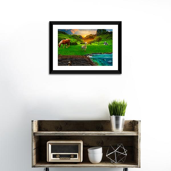 Animals In Green Meadow Panoramic Canvas Wall Art-1 Piece-36" x 12"-Tiaracle