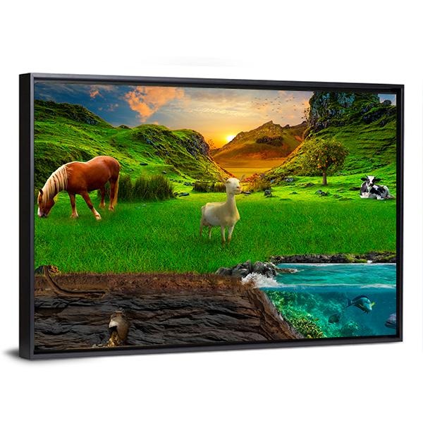 Animals In Green Meadow Panoramic Canvas Wall Art-1 Piece-36" x 12"-Tiaracle