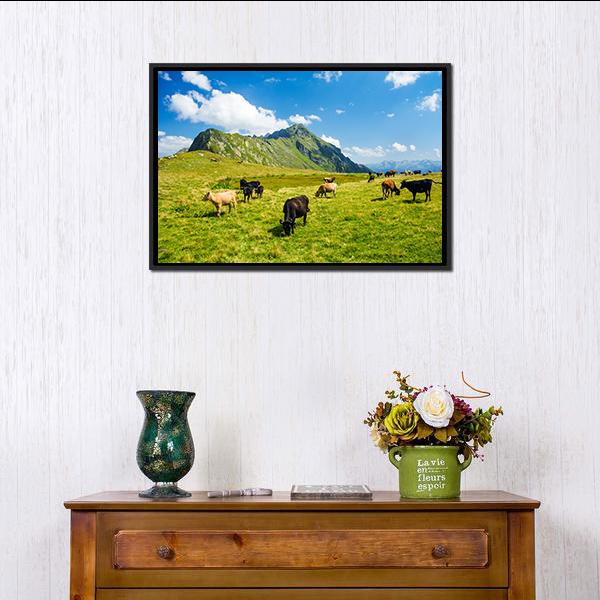 Animals In Highland Alpine Meadow Canvas Wall Art-1 Piece-Floating Frame-24&quot; x 16&quot;-Tiaracle