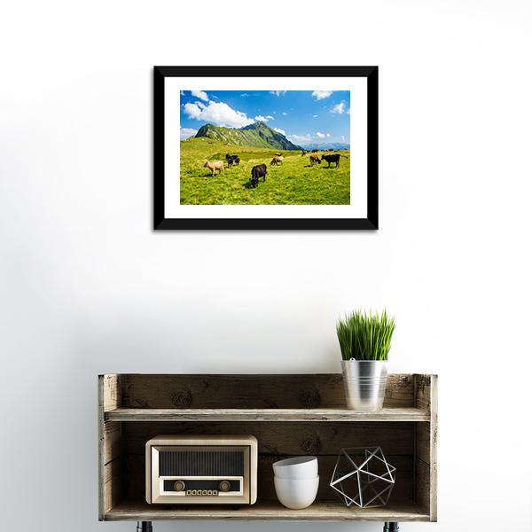 Animals In Highland Alpine Meadow Canvas Wall Art-1 Piece-Framed Print-20&quot; x 16&quot;-Tiaracle