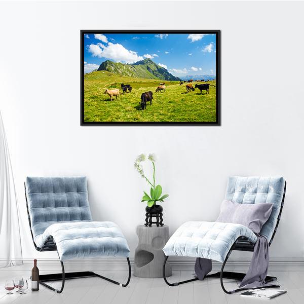 Animals In Highland Alpine Meadow Canvas Wall Art-3 Horizontal-Gallery Wrap-25&quot; x 16&quot;-Tiaracle