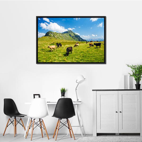 Animals In Highland Alpine Meadow Canvas Wall Art-3 Horizontal-Gallery Wrap-25&quot; x 16&quot;-Tiaracle