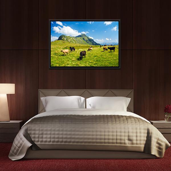 Animals In Highland Alpine Meadow Canvas Wall Art-3 Horizontal-Gallery Wrap-25" x 16"-Tiaracle