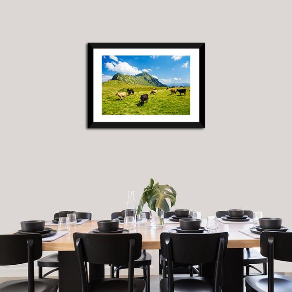 Animals In Highland Alpine Meadow Canvas Wall Art-3 Horizontal-Gallery Wrap-25&quot; x 16&quot;-Tiaracle