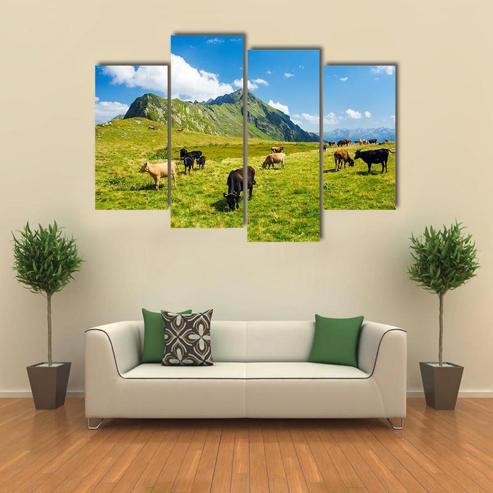 Animals In Highland Alpine Meadow Canvas Wall Art-4 Pop-Gallery Wrap-50&quot; x 32&quot;-Tiaracle