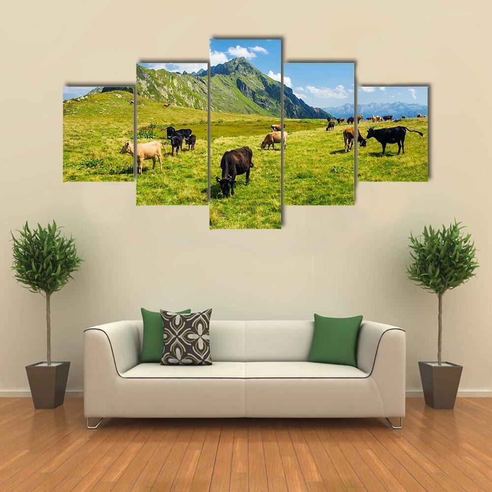 Animals In Highland Alpine Meadow Canvas Wall Art-5 Star-Gallery Wrap-62&quot; x 32&quot;-Tiaracle
