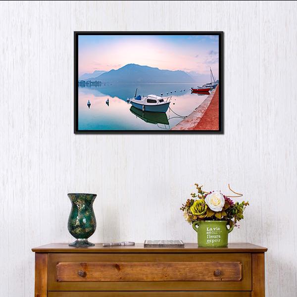 Annecy Lake At Sunrise Canvas Wall Art-1 Piece-Floating Frame-24" x 16"-Tiaracle