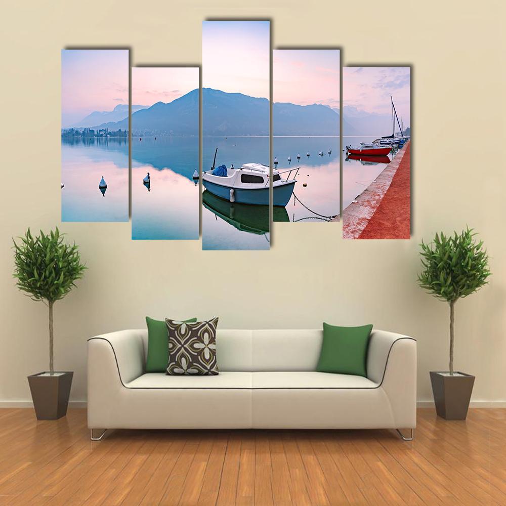 Annecy Lake At Sunrise Canvas Wall Art-5 Pop-Gallery Wrap-47" x 32"-Tiaracle