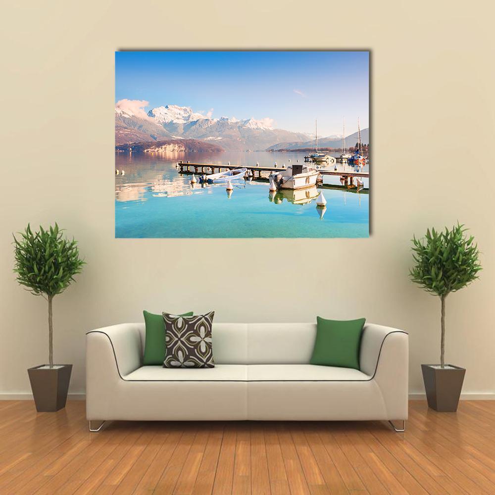 Lake Annecy in the Alps Canvas Wall Art in white and blue, single panel hung on a wall