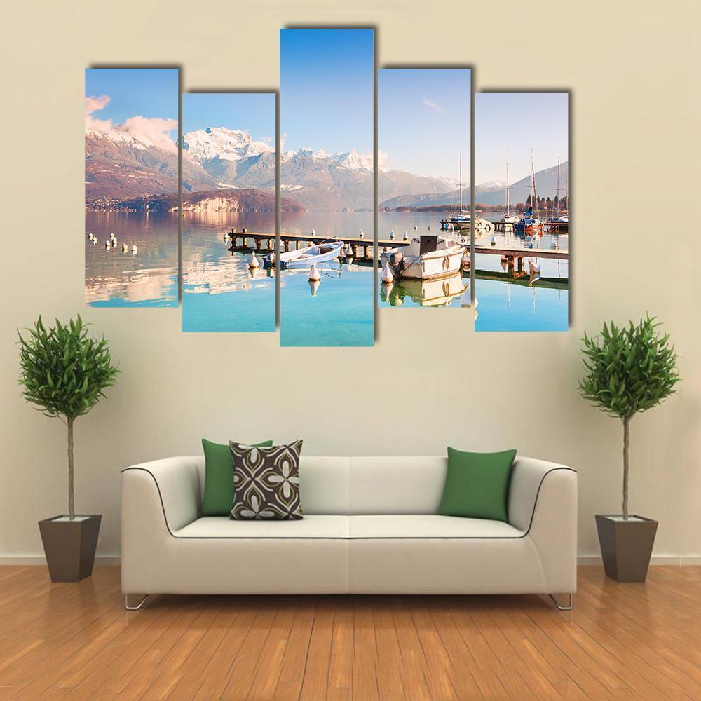 Annecy Lake In Alps Mountains Canvas Wall Art-5 Pop-Gallery Wrap-47&quot; x 32&quot;-Tiaracle