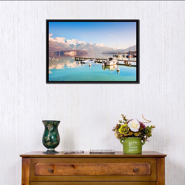 Annecy Lake In Alps Mountains Canvas Wall Art-1 Piece-Floating Frame-24&quot; x 16&quot;-Tiaracle