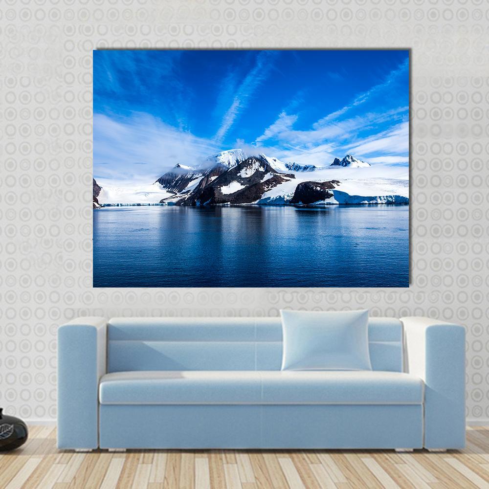 Antarctica Natural Beauty Canvas Wall Art in white and blue, single panel hung on a wall