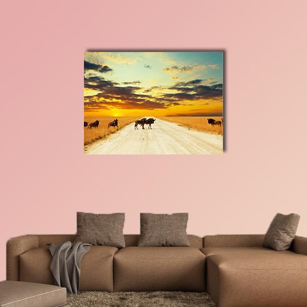 Antelope Gnu Crowd Canvas Wall Art-1 Piece-Gallery Wrap-36&quot; x 24&quot;-Tiaracle