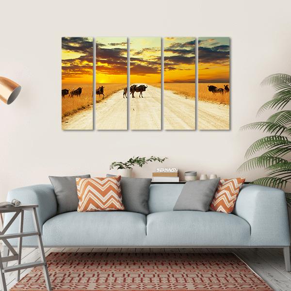 Antelope Gnu Crowd Canvas Wall Art-5 Horizontal-Gallery Wrap-22&quot; x 12&quot;-Tiaracle