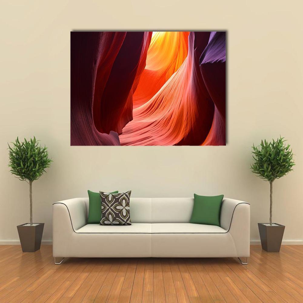 Antelope Grand Canyon Canvas Wall Art in red, orange and purple, single panel hung on a wall