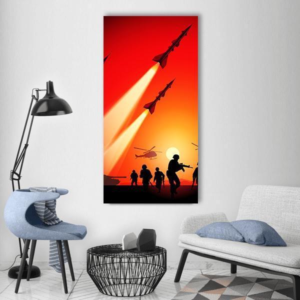 Anti-aircraft Missiles at Sunset Vertical Canvas Wall Art in red, orange and yellow, single vertical panel hung on a wall