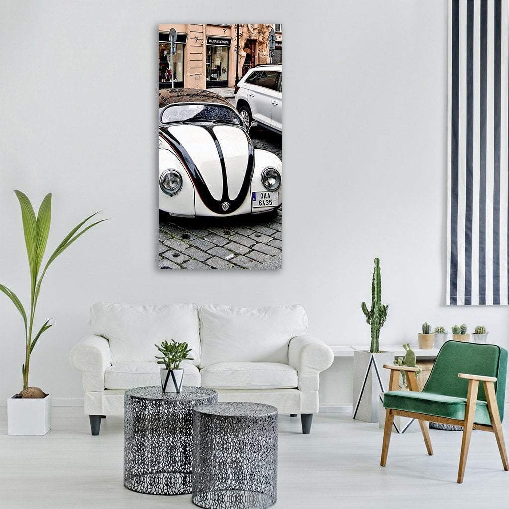 Antique Vw Beetle Close-up Vertical Canvas Wall Art in black, white and beige, single vertical panel hung on a wall