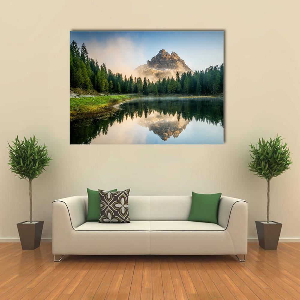 Antorno Lake with Dolomites Canvas Wall Art in brown, green and blue, single panel hung on a wall