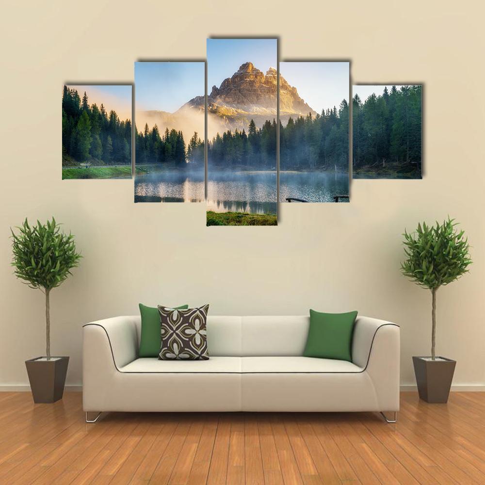 Antorno Lake With Mountain Peak Canvas Wall Art-5 Star-Gallery Wrap-62" x 32"-Tiaracle
