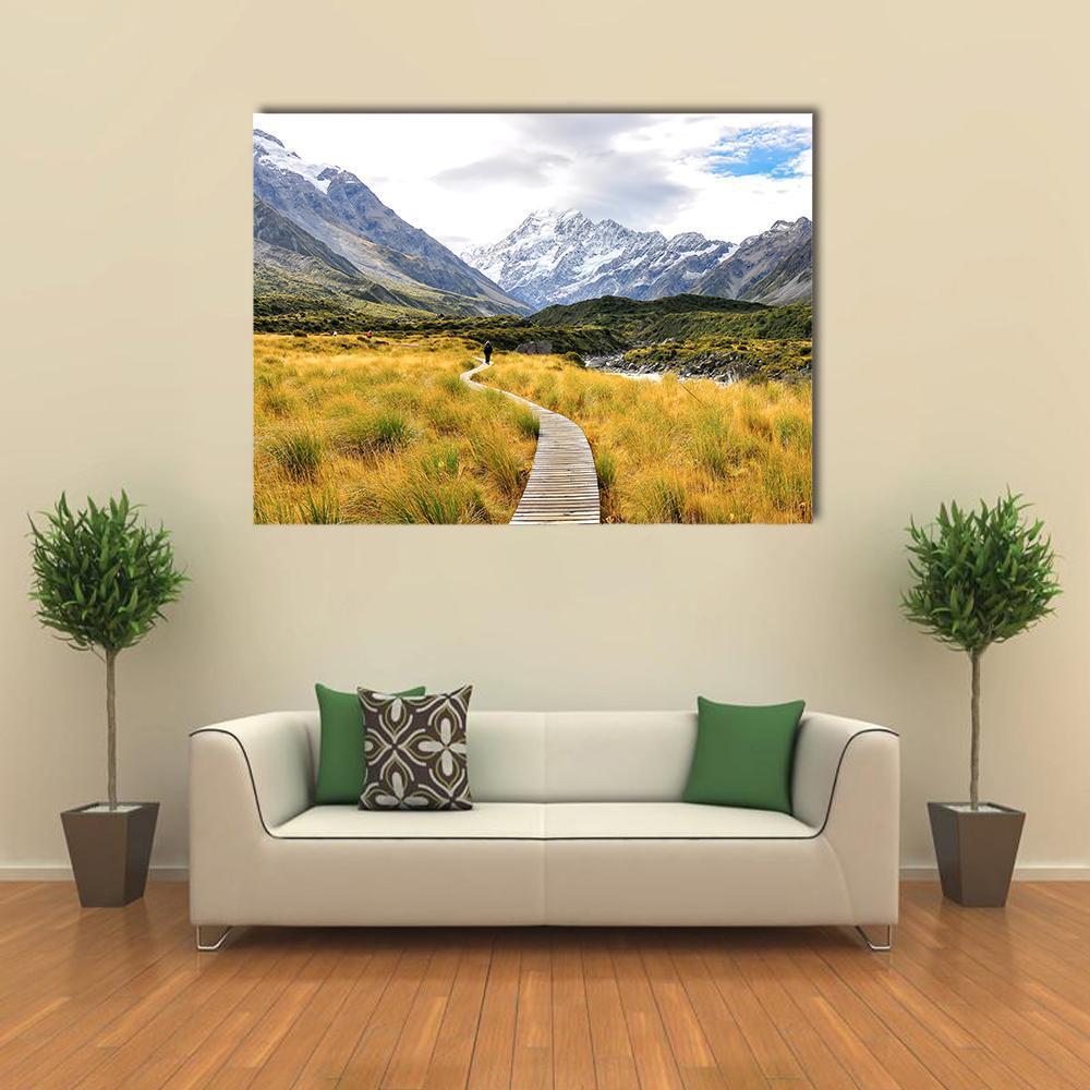 Aoraki Mount Cook National Park Canvas Wall Art in white, gray and yellow, single panel hung on a wall