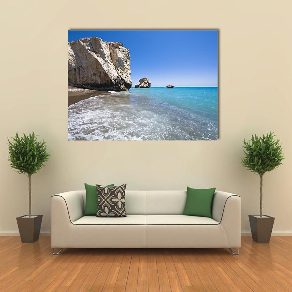 Aphrodite's Birthplace Rock Canvas Wall Art in white, beige and blue, single panel hung on a wall