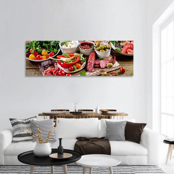 Appetizers On Cutting Board Panoramic Canvas Wall Art-3 Piece-25" x 08"-Tiaracle
