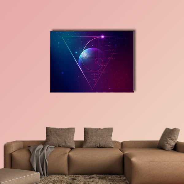 Applied Astronomy Golden Spiral Planet Canvas Wall Art in black, blue and purple, single panel hung on a wall