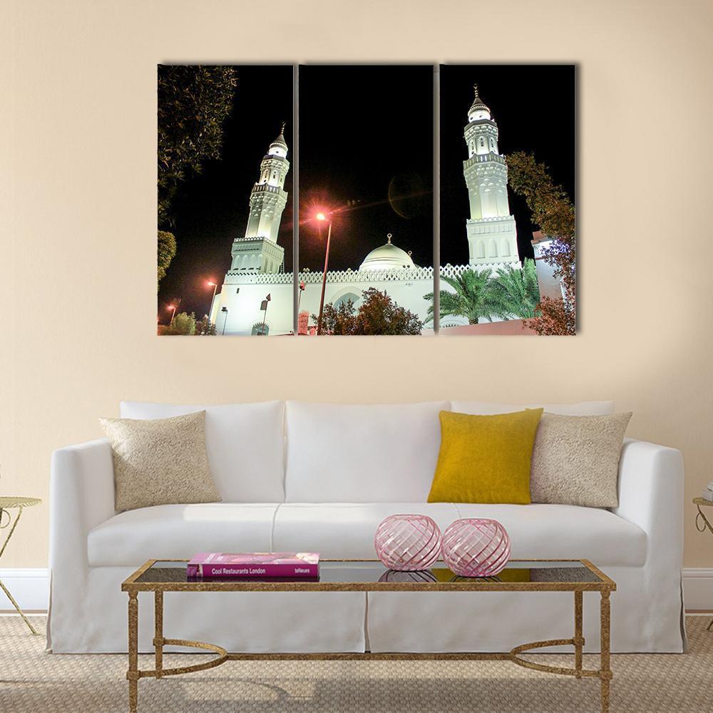 Aqsa Mosque at Night Canvas Wall Art in black and white, 4 panel Pop layout hung on a wall