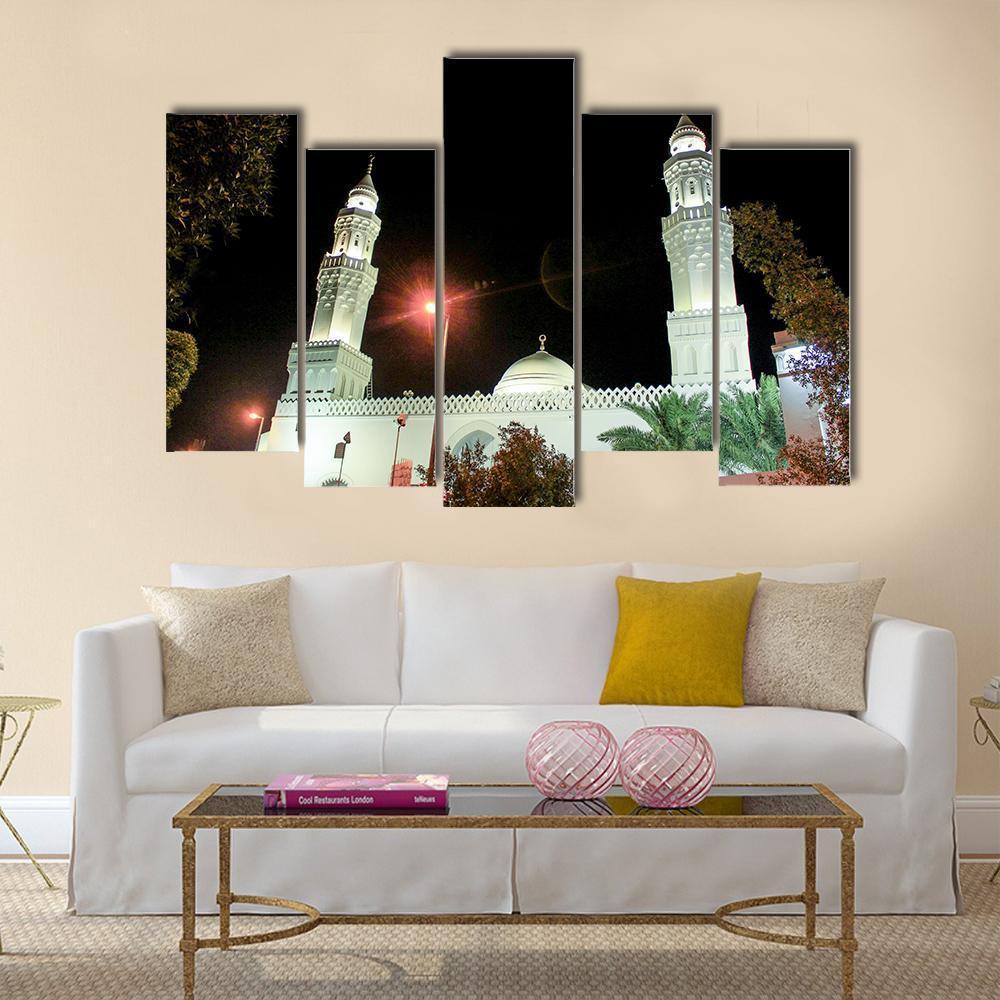 Aqsa Mosque at Night Canvas Wall Art in black and white, 4 panel Pop layout hung on a wall