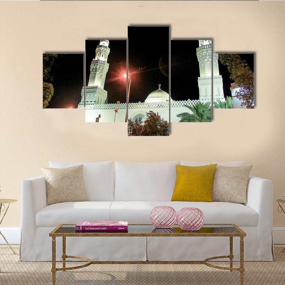 Aqsa Mosque at Night Canvas Wall Art in black and white, 5 panel Star layout hung on a wall