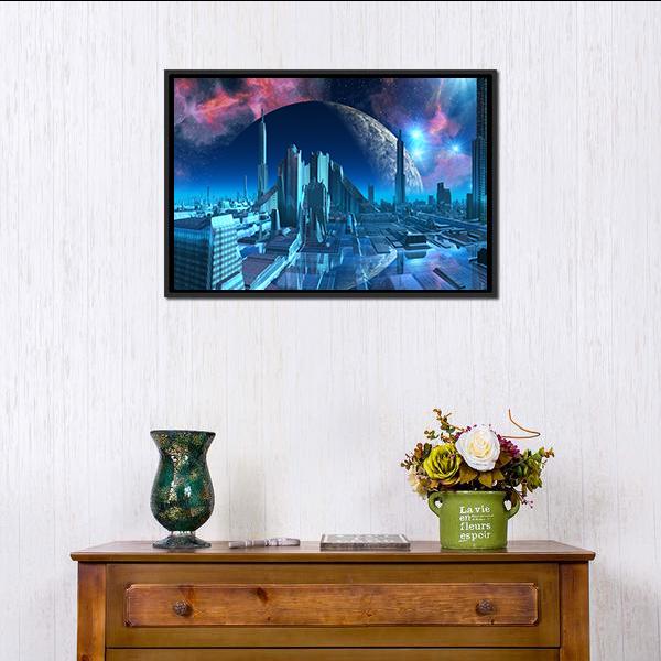 Aquarius City Marina Canvas Wall Art in blue, purple and pink, framed canvas, product view on a white background