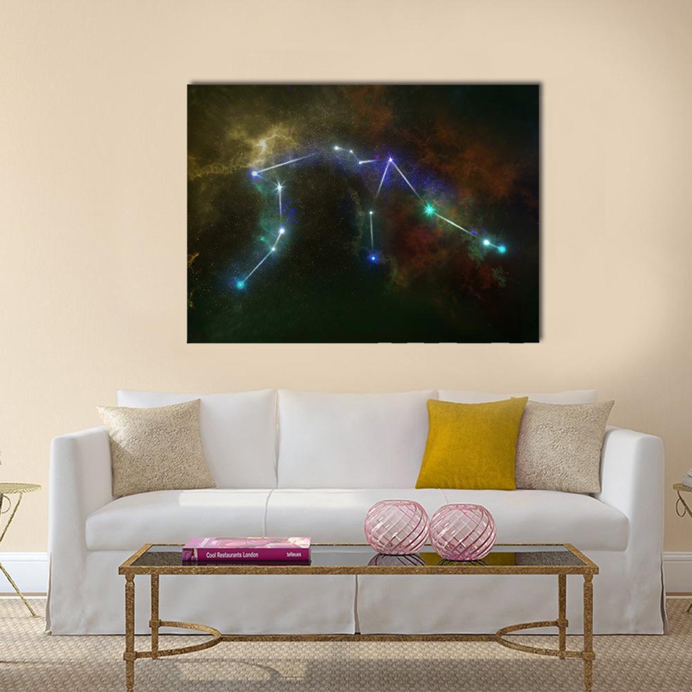 Modern Aquarius Constellation Canvas Wall Art in black, gold and blue, single panel hung on a wall