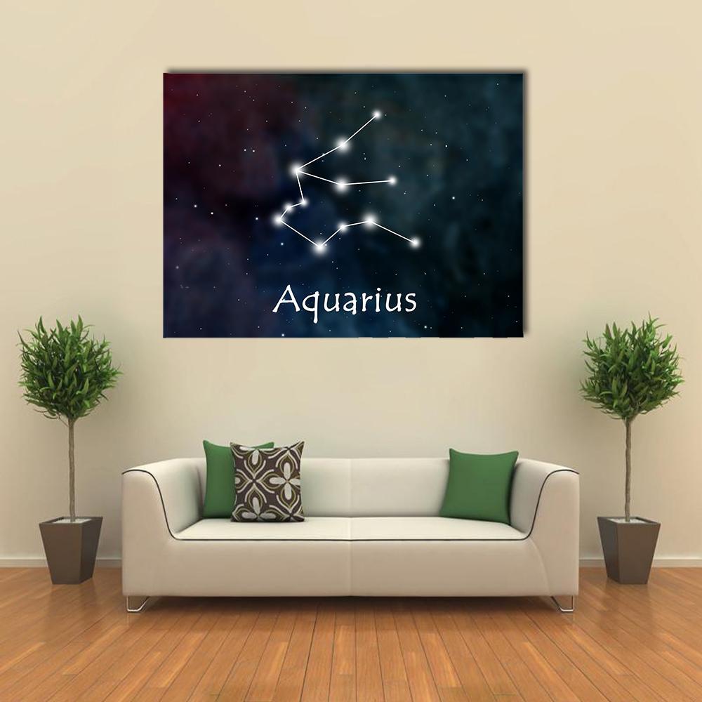 Aquarius Constellation Canvas Wall Art in black, white and blue, single panel hung on a wall