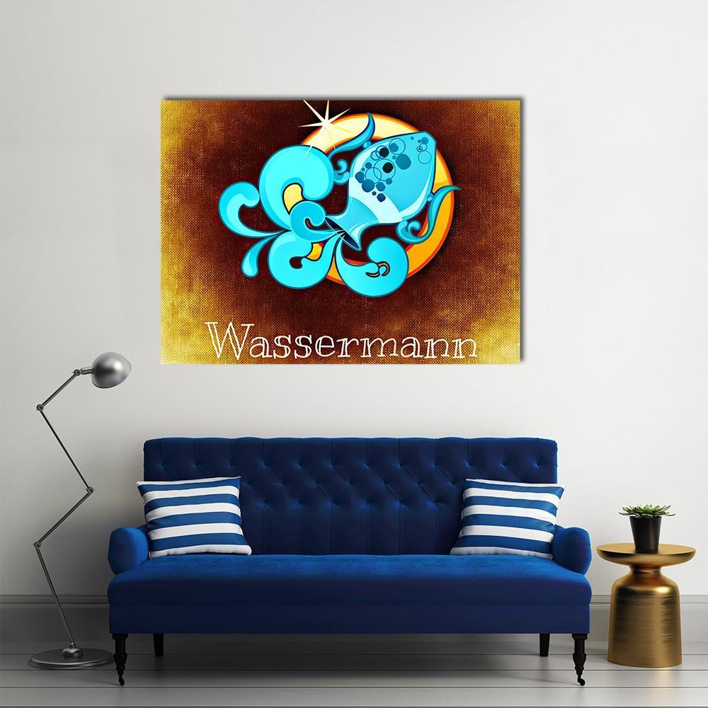 Aquarius Horoscope Illustration Canvas Wall Art in brown, gold and blue, single panel hung on a wall
