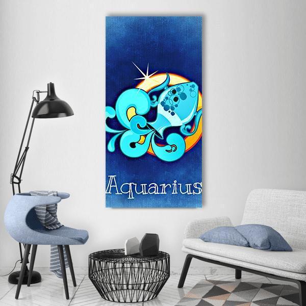 Aquarius Zodiac Sign Vertical Canvas Wall Art in yellow, blue and navy, single vertical panel hung on a wall