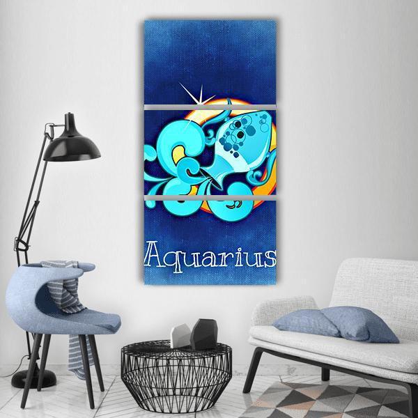 Aquarius Zodiac Sign Vertical Canvas Wall Art in yellow, blue and navy, hung on a wall