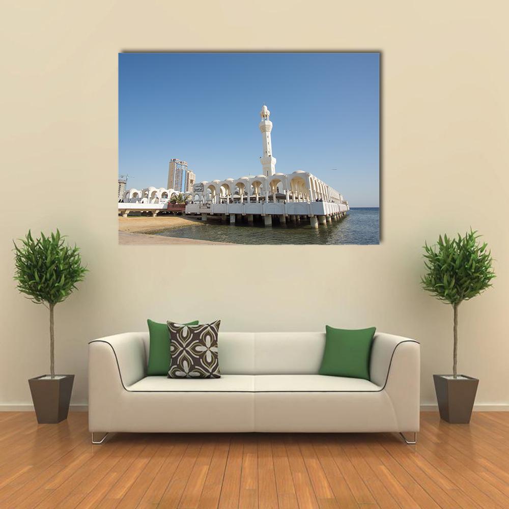 Ar Rahmah Mosque in Jeddah Canvas Wall Art in white and blue, single panel hung on a wall