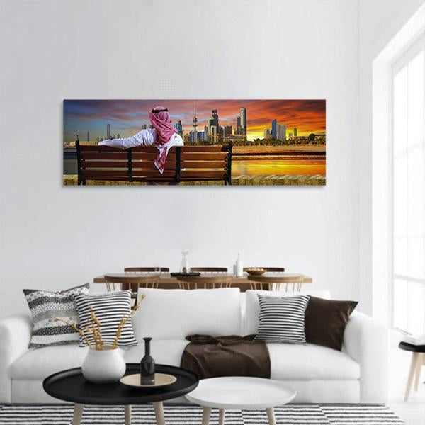 Man Looking At Cityscape Panoramic Canvas Wall Art-3 Piece-25" x 08"-Tiaracle