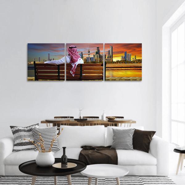 Man Looking At Cityscape Panoramic Canvas Wall Art-3 Piece-25" x 08"-Tiaracle