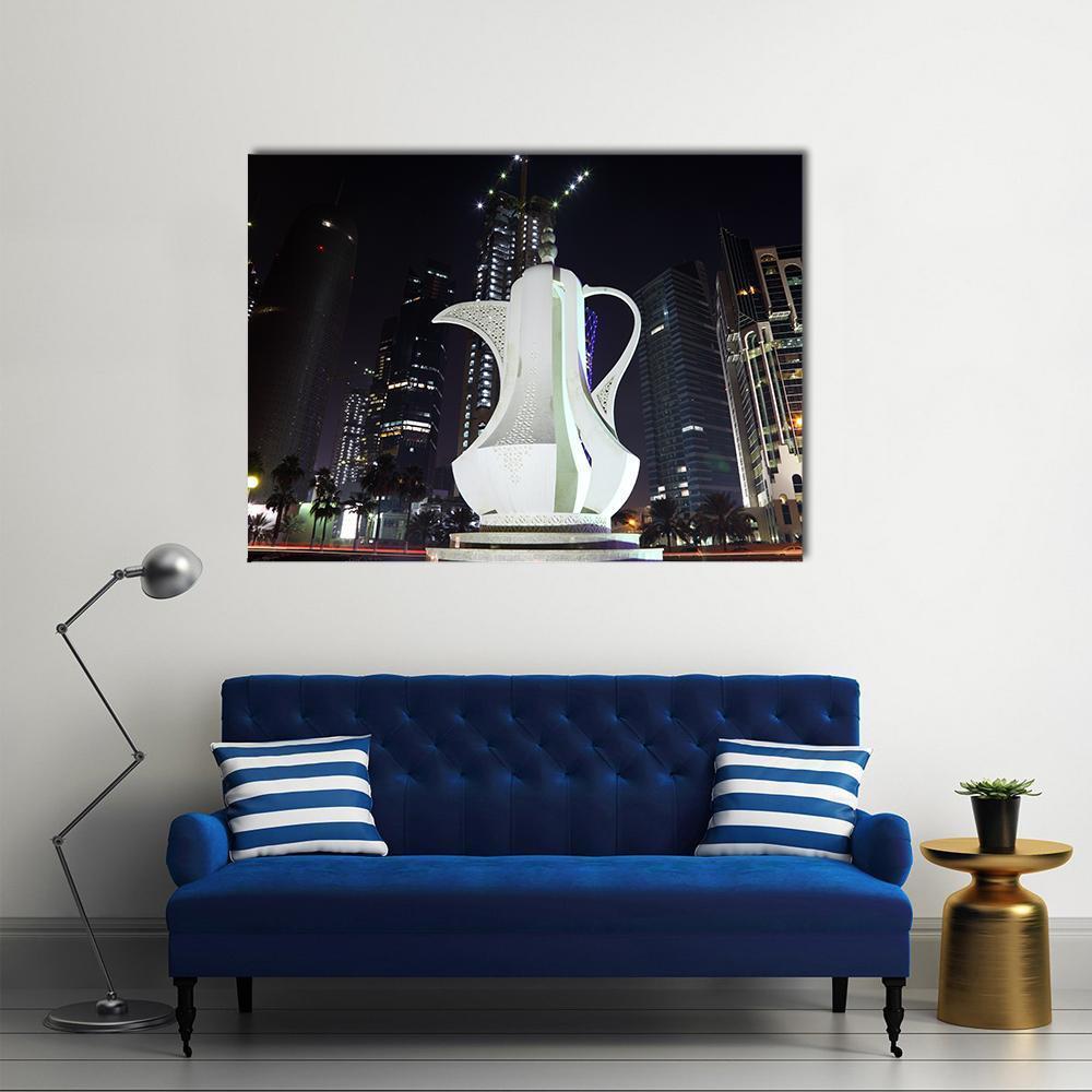 Arabic Coffee Pot Sculpture Canvas Wall Art in black, white and blue, single panel hung on a wall