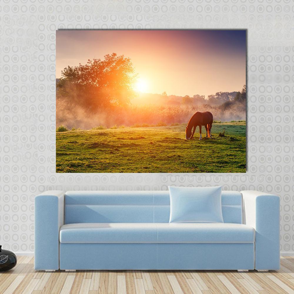 Horse Grazing in Sunrise Meadow Canvas Wall Art in orange, yellow and green, single panel hung on a wall