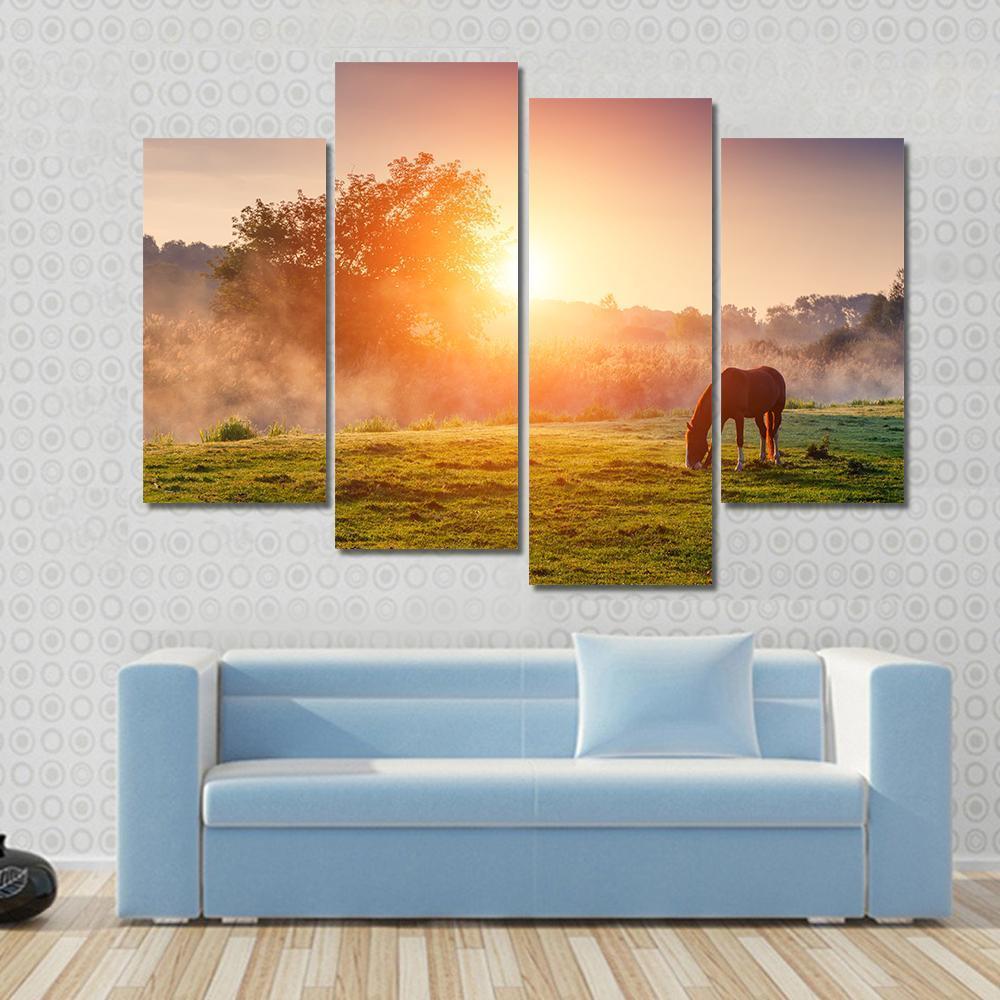 Horse Grazing On Pasture Canvas Wall Art-4 Pop-Gallery Wrap-50" x 32"-Tiaracle