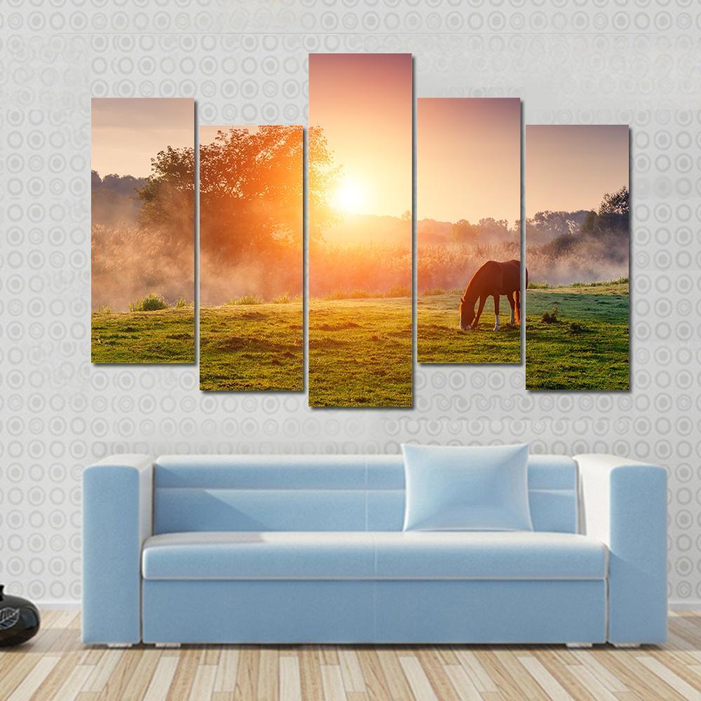 Horse Grazing On Pasture Canvas Wall Art-4 Pop-Gallery Wrap-50" x 32"-Tiaracle