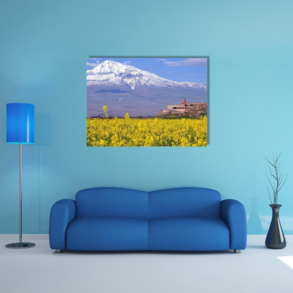 Ararat Mountain with Church and Yellow Field Canvas Wall Art in white, yellow and blue, single panel hung on a wall